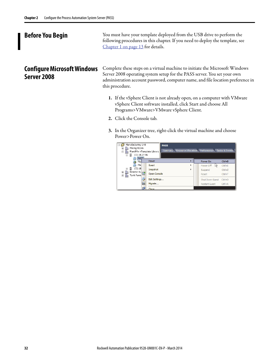 Before you begin, Configure microsoft windows server 2008 | Rockwell Automation 9528-APPOWSENE Virtual Image Templates User Manual User Manual | Page 32 / 120