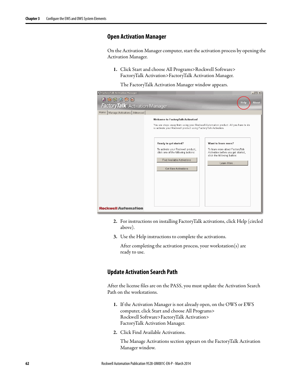 Open activation manager, Update activation search path | Rockwell Automation 9528-APPOWSENE Virtual Image Templates User Manual User Manual | Page 62 / 120