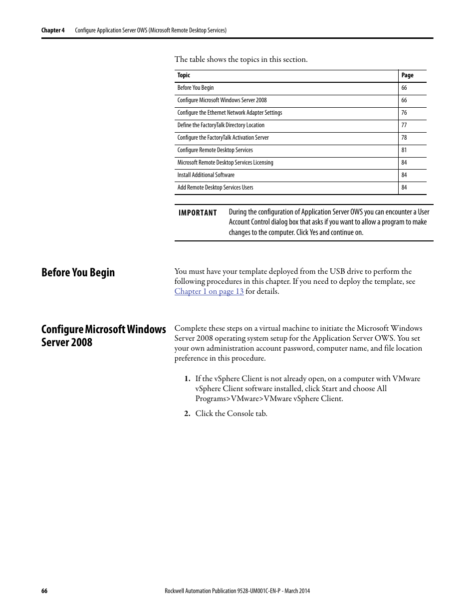Before you begin, Configure microsoft windows server 2008 | Rockwell Automation 9528-APPOWSENE Virtual Image Templates User Manual User Manual | Page 66 / 120