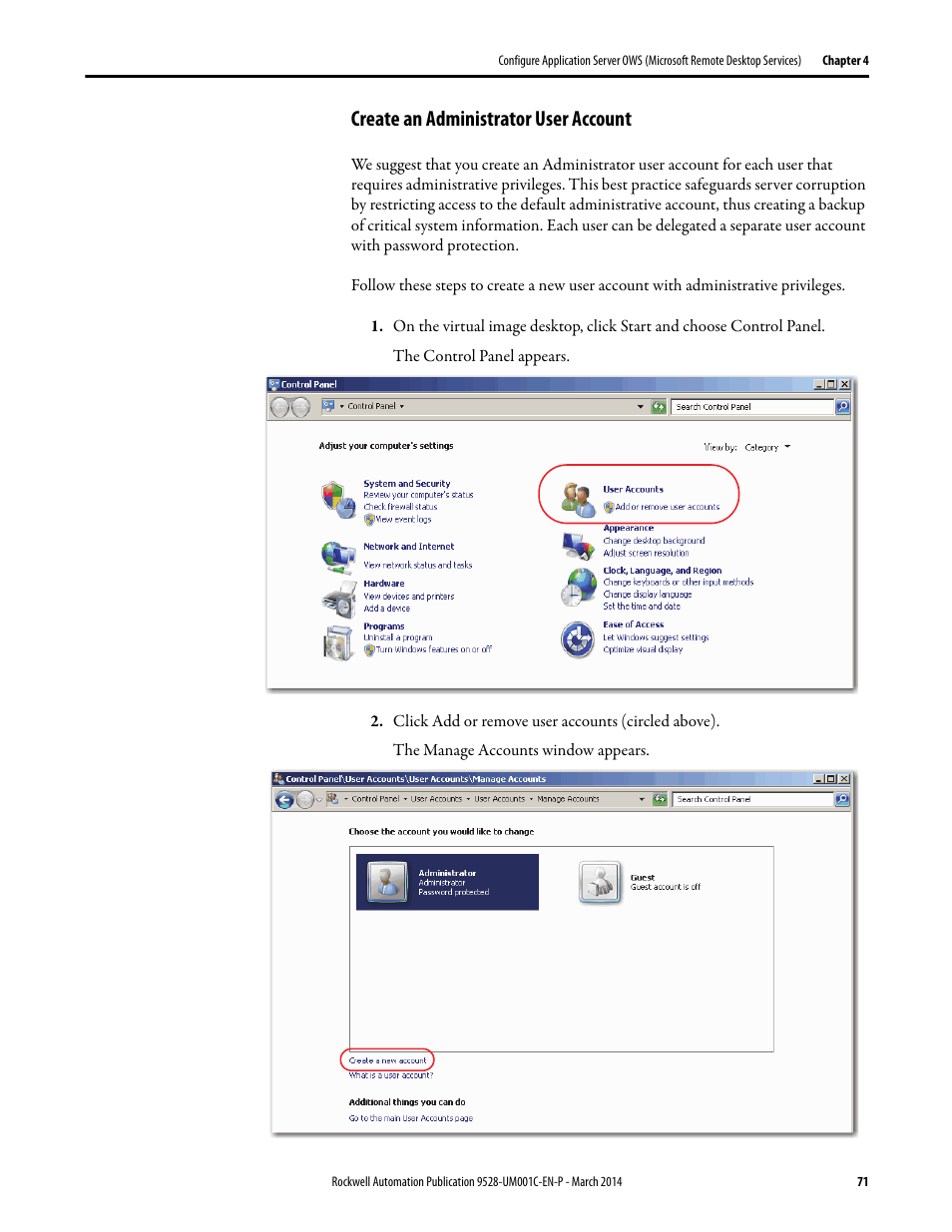 Create an administrator user account | Rockwell Automation 9528-APPOWSENE Virtual Image Templates User Manual User Manual | Page 71 / 120