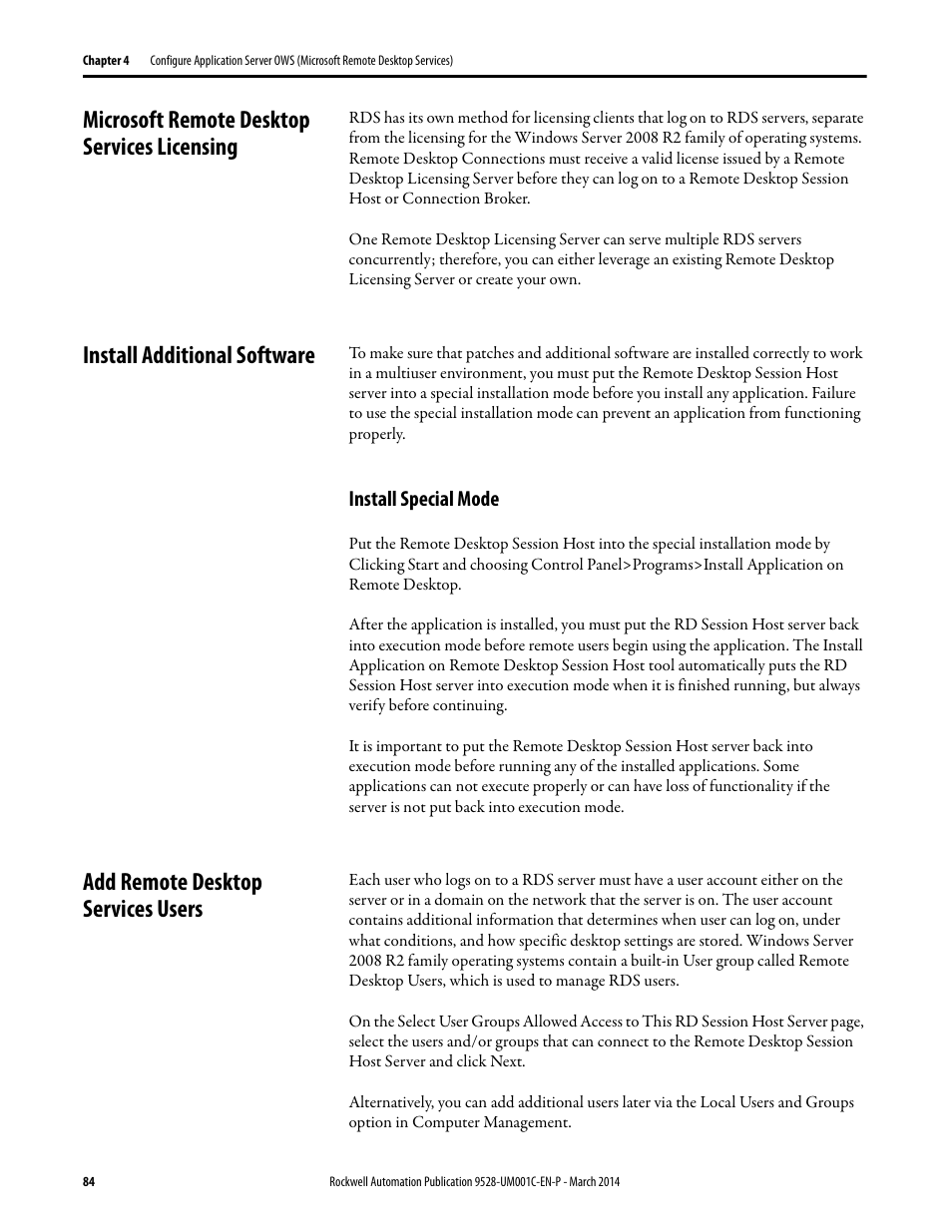 Microsoft remote desktop services licensing, Install additional software, Install special mode | Add remote desktop services users | Rockwell Automation 9528-APPOWSENE Virtual Image Templates User Manual User Manual | Page 84 / 120