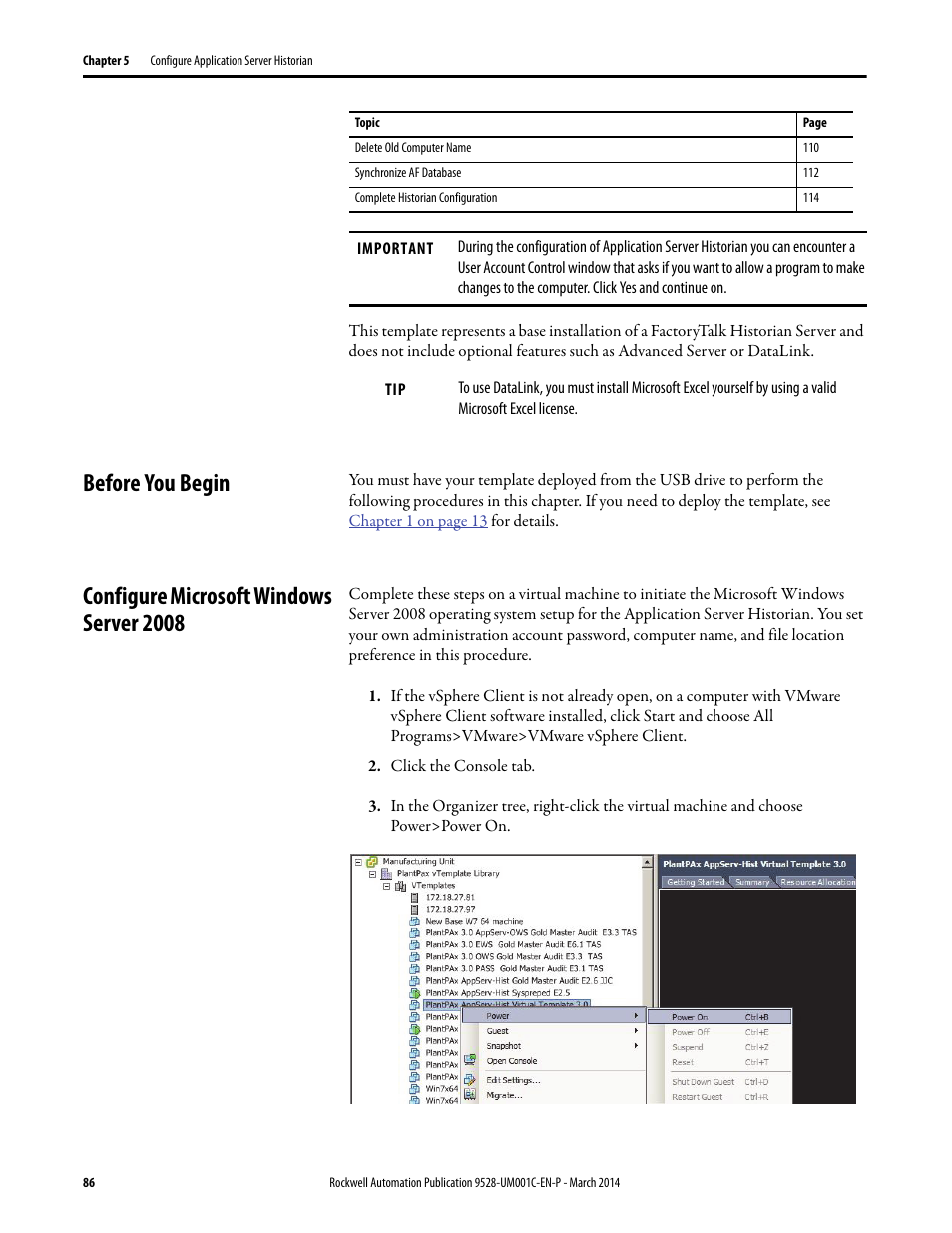 Before you begin, Configure microsoft windows server 2008 | Rockwell Automation 9528-APPOWSENE Virtual Image Templates User Manual User Manual | Page 86 / 120