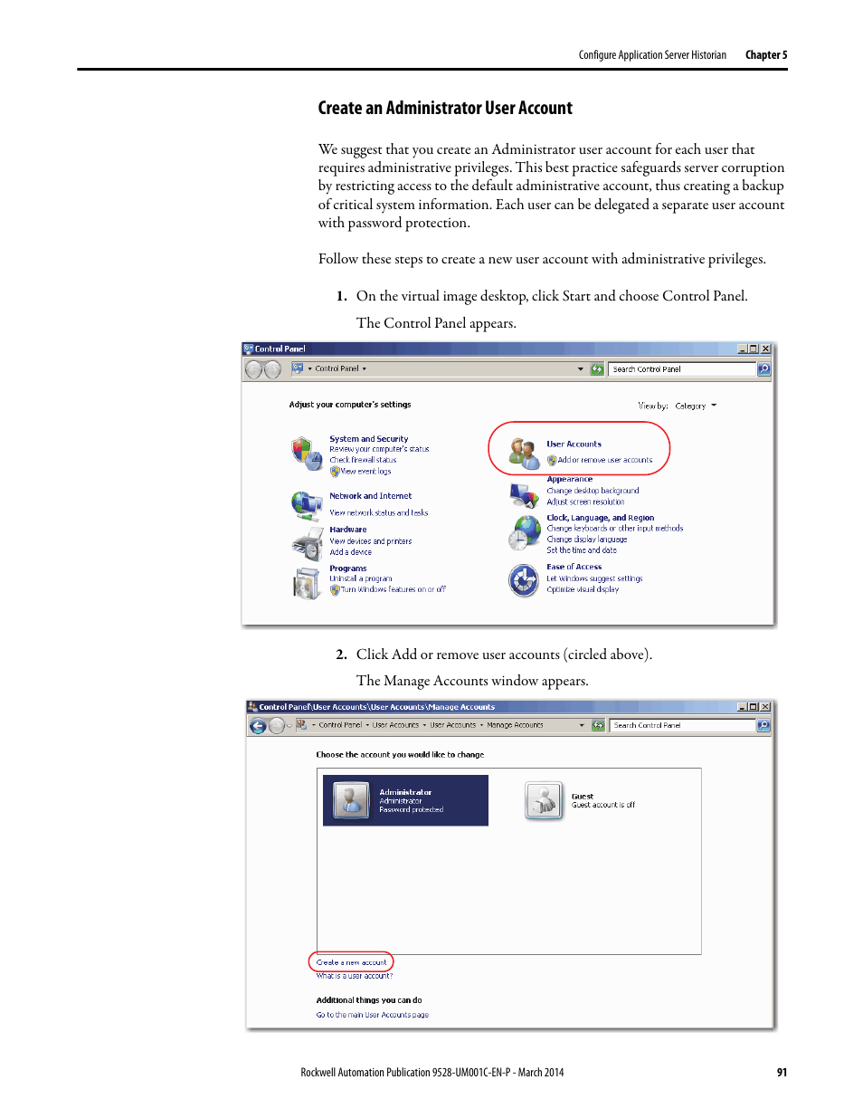 Create an administrator user account | Rockwell Automation 9528-APPOWSENE Virtual Image Templates User Manual User Manual | Page 91 / 120