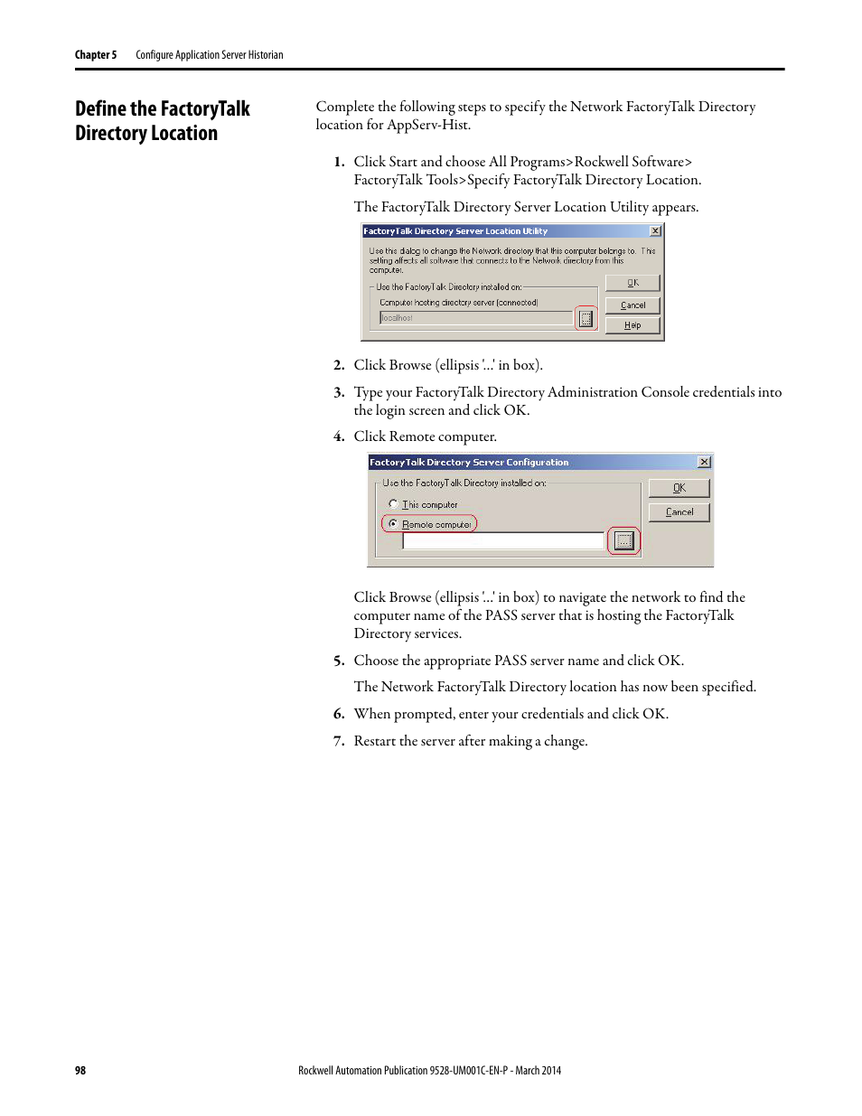 Define the factorytalk directory location | Rockwell Automation 9528-APPOWSENE Virtual Image Templates User Manual User Manual | Page 98 / 120
