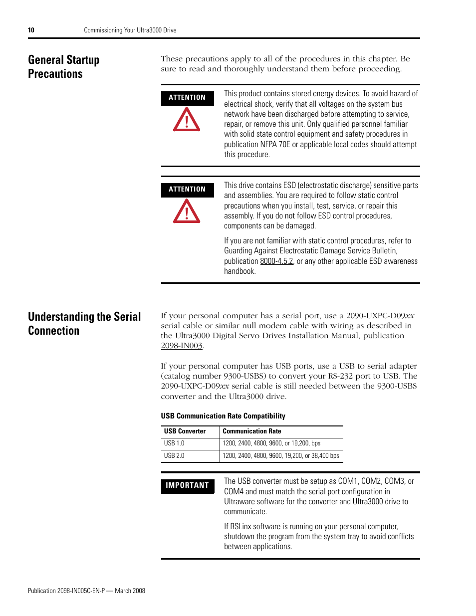 General startup precautions, Understanding the serial connection | Rockwell Automation 2090 Ultra3000 Servo Drives Integration Manual User Manual | Page 10 / 180