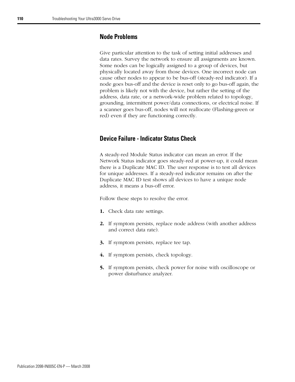 Node problems, Device failure - indicator status check | Rockwell Automation 2090 Ultra3000 Servo Drives Integration Manual User Manual | Page 110 / 180