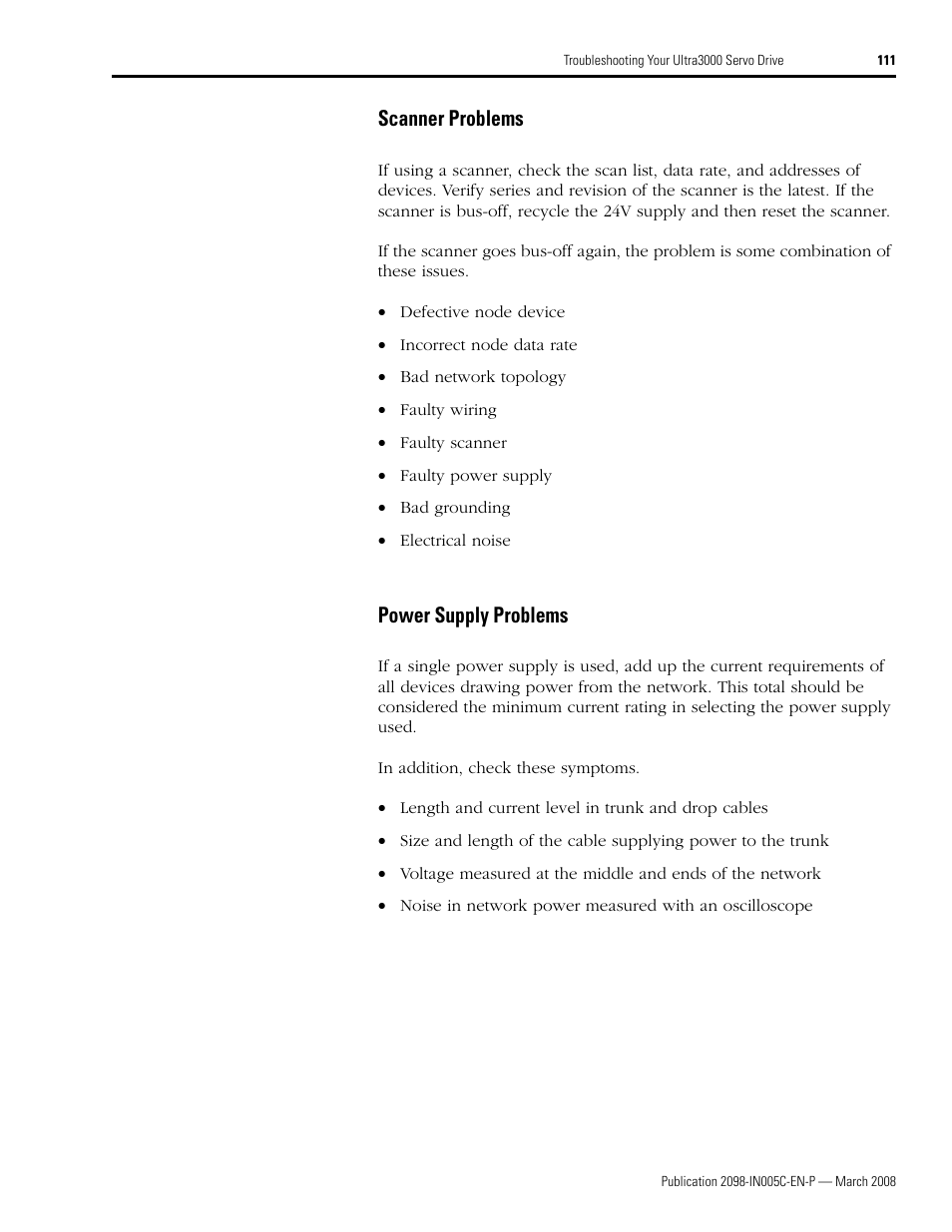 Scanner problems, Power supply problems, Scanner problems power supply problems | Rockwell Automation 2090 Ultra3000 Servo Drives Integration Manual User Manual | Page 111 / 180
