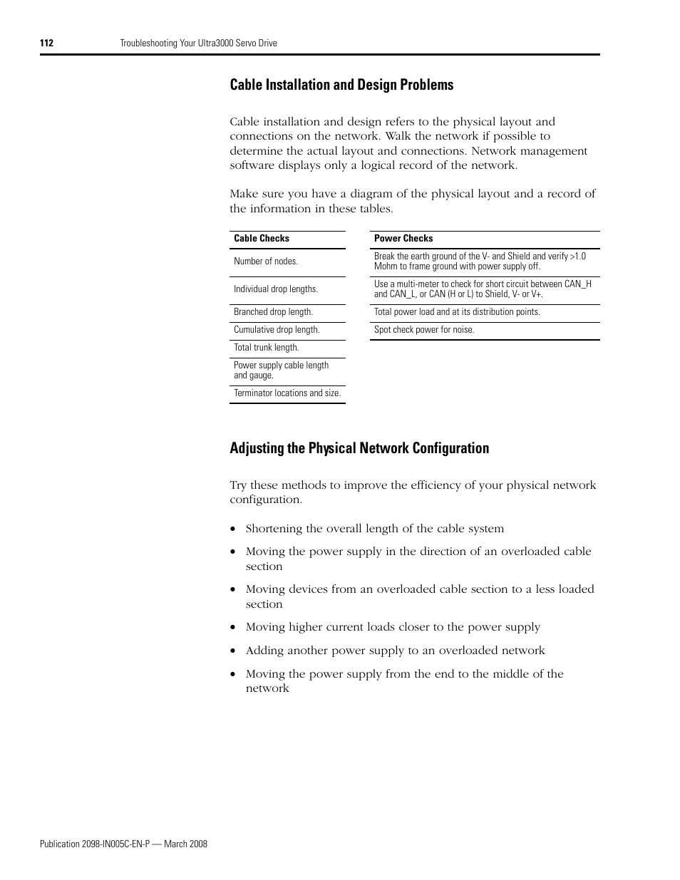 Cable installation and design problems, Adjusting the physical network configuration | Rockwell Automation 2090 Ultra3000 Servo Drives Integration Manual User Manual | Page 112 / 180