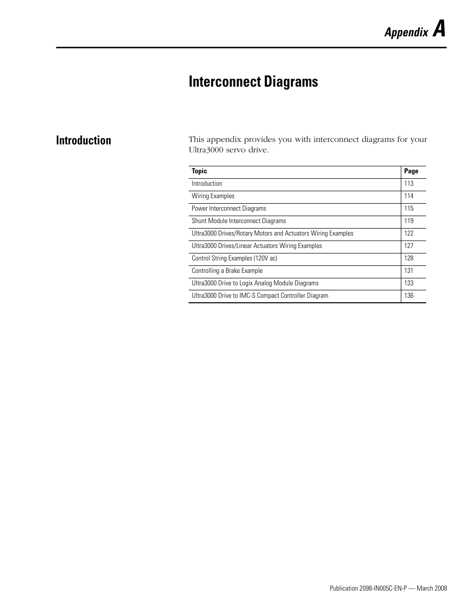 App a - interconnect diagrams, Introduction, Appendix a | Interconnect diagrams, Appendix | Rockwell Automation 2090 Ultra3000 Servo Drives Integration Manual User Manual | Page 113 / 180