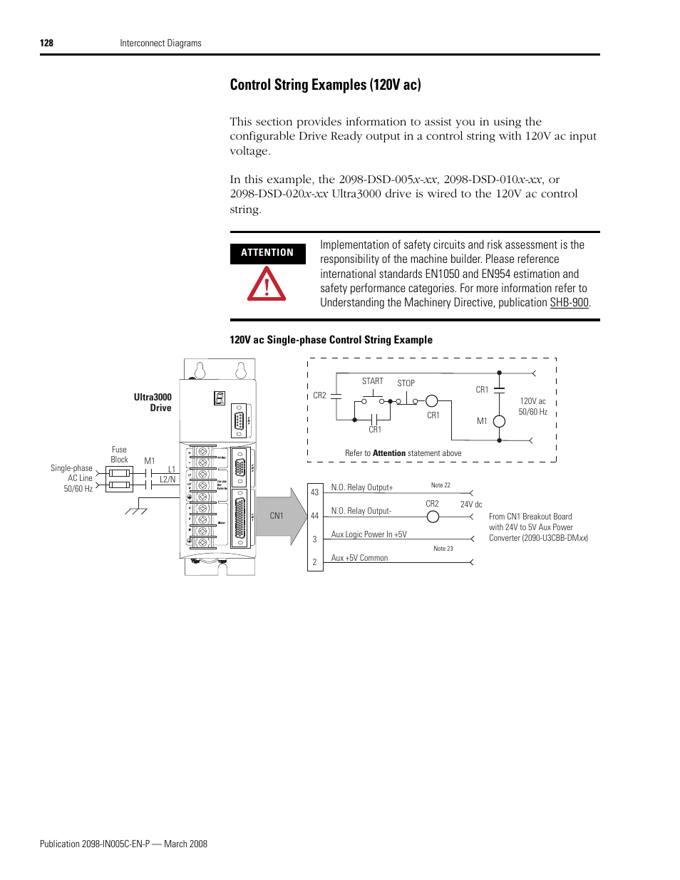 Control string examples (120v ac) | Rockwell Automation 2090 Ultra3000 Servo Drives Integration Manual User Manual | Page 128 / 180