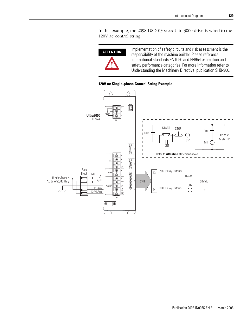 120v ac single-phase control string example, Attention, Ultra3000 drive | Rockwell Automation 2090 Ultra3000 Servo Drives Integration Manual User Manual | Page 129 / 180