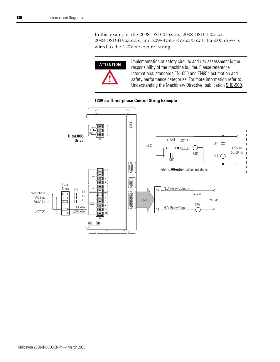 120v ac three-phase control string example, Attention, Ultra3000 | Ultra3000 drive | Rockwell Automation 2090 Ultra3000 Servo Drives Integration Manual User Manual | Page 130 / 180