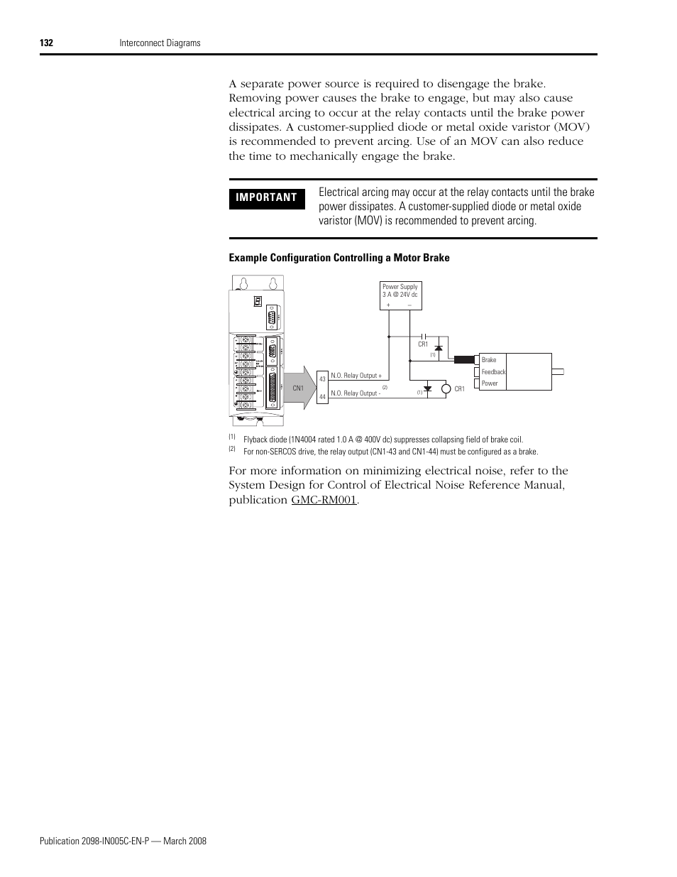 Example configuration controlling a motor brake, Important | Rockwell Automation 2090 Ultra3000 Servo Drives Integration Manual User Manual | Page 132 / 180