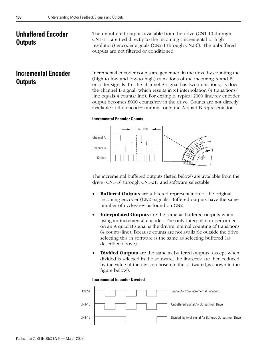 Unbuffered encoder outputs, Incremental encoder outputs | Rockwell Automation 2090 Ultra3000 Servo Drives Integration Manual User Manual | Page 138 / 180