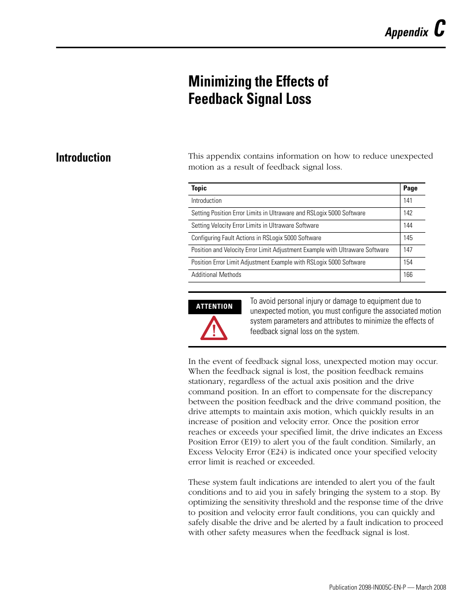 Introduction, Appendix c, Minimizing the effects of | Feedback signal loss, To appendix c, Minimizing the effects of feedback signal loss, Appendix | Rockwell Automation 2090 Ultra3000 Servo Drives Integration Manual User Manual | Page 141 / 180