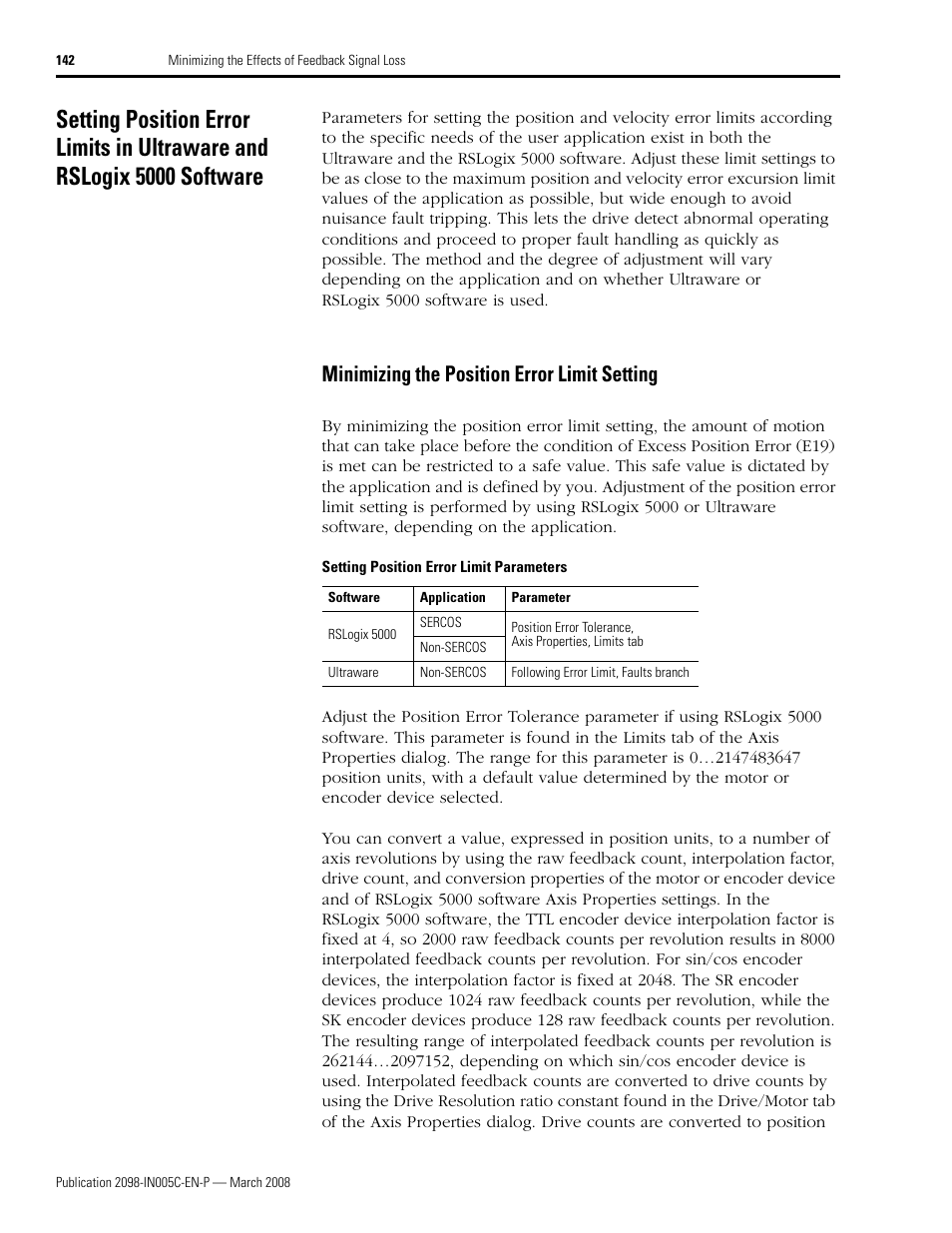 Minimizing the position error limit setting, Setting position error limits in ultraware and, Rslogix 5000 software | Rockwell Automation 2090 Ultra3000 Servo Drives Integration Manual User Manual | Page 142 / 180