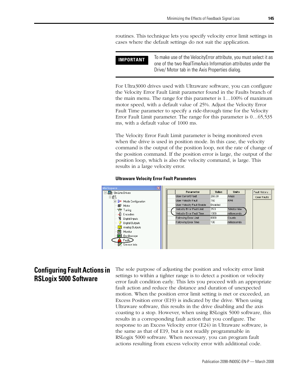 Configuring fault actions in rslogix 5000 software | Rockwell Automation 2090 Ultra3000 Servo Drives Integration Manual User Manual | Page 145 / 180