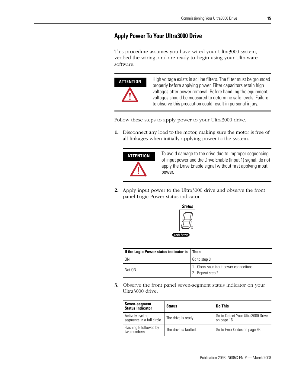 Apply power to your ultra3000 drive | Rockwell Automation 2090 Ultra3000 Servo Drives Integration Manual User Manual | Page 15 / 180