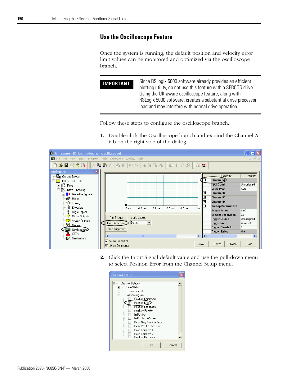 Use the oscilloscope feature | Rockwell Automation 2090 Ultra3000 Servo Drives Integration Manual User Manual | Page 150 / 180