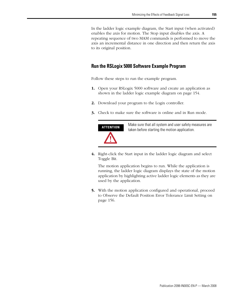 Run the rslogix 5000 software example program | Rockwell Automation 2090 Ultra3000 Servo Drives Integration Manual User Manual | Page 155 / 180