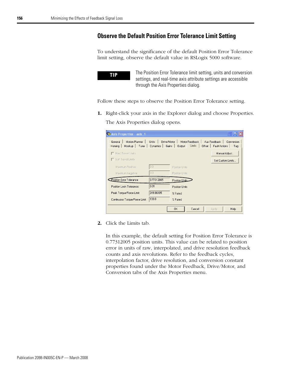 Observe the default position error tolerance, Limit setting | Rockwell Automation 2090 Ultra3000 Servo Drives Integration Manual User Manual | Page 156 / 180