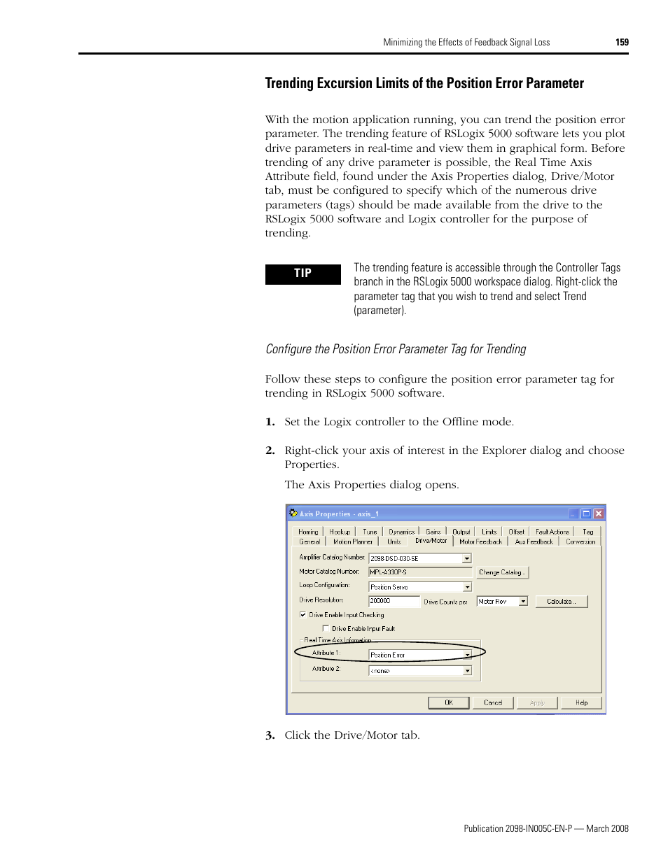 Trending excursion limits of the position error, Parameter | Rockwell Automation 2090 Ultra3000 Servo Drives Integration Manual User Manual | Page 159 / 180