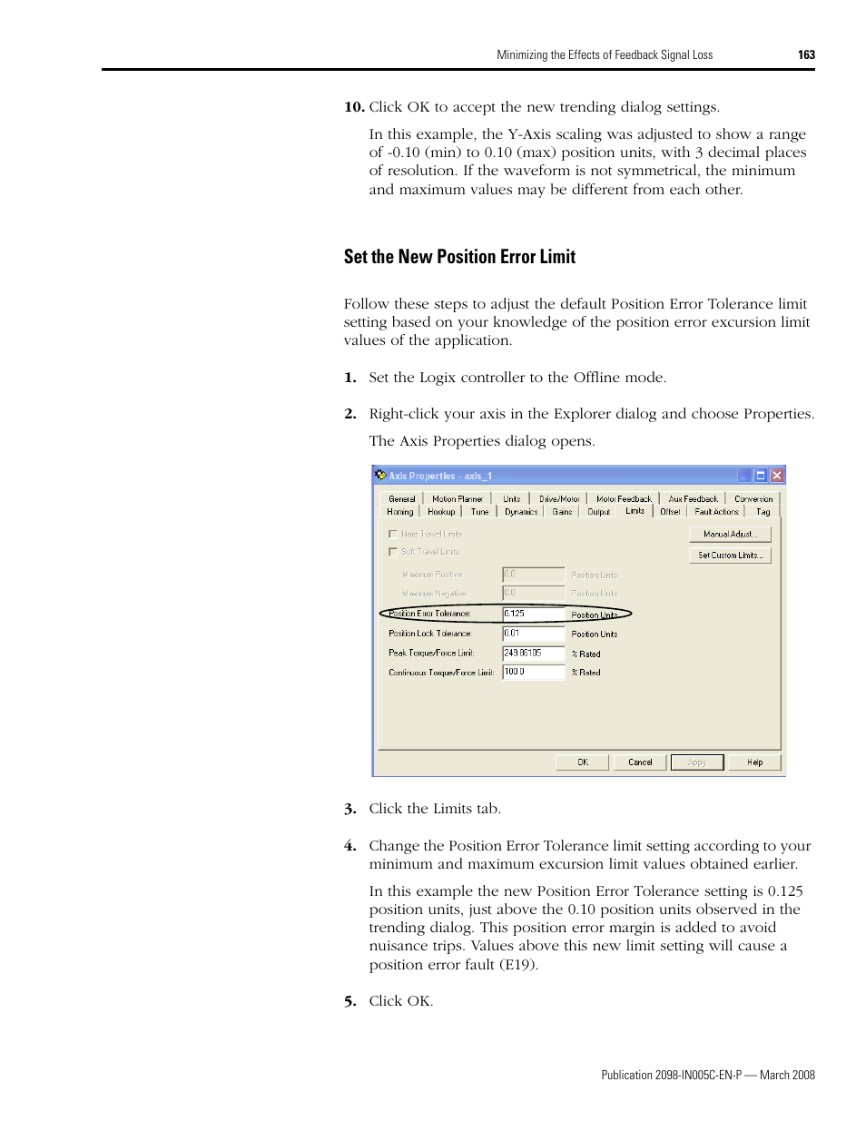 Set the new position error limit | Rockwell Automation 2090 Ultra3000 Servo Drives Integration Manual User Manual | Page 163 / 180