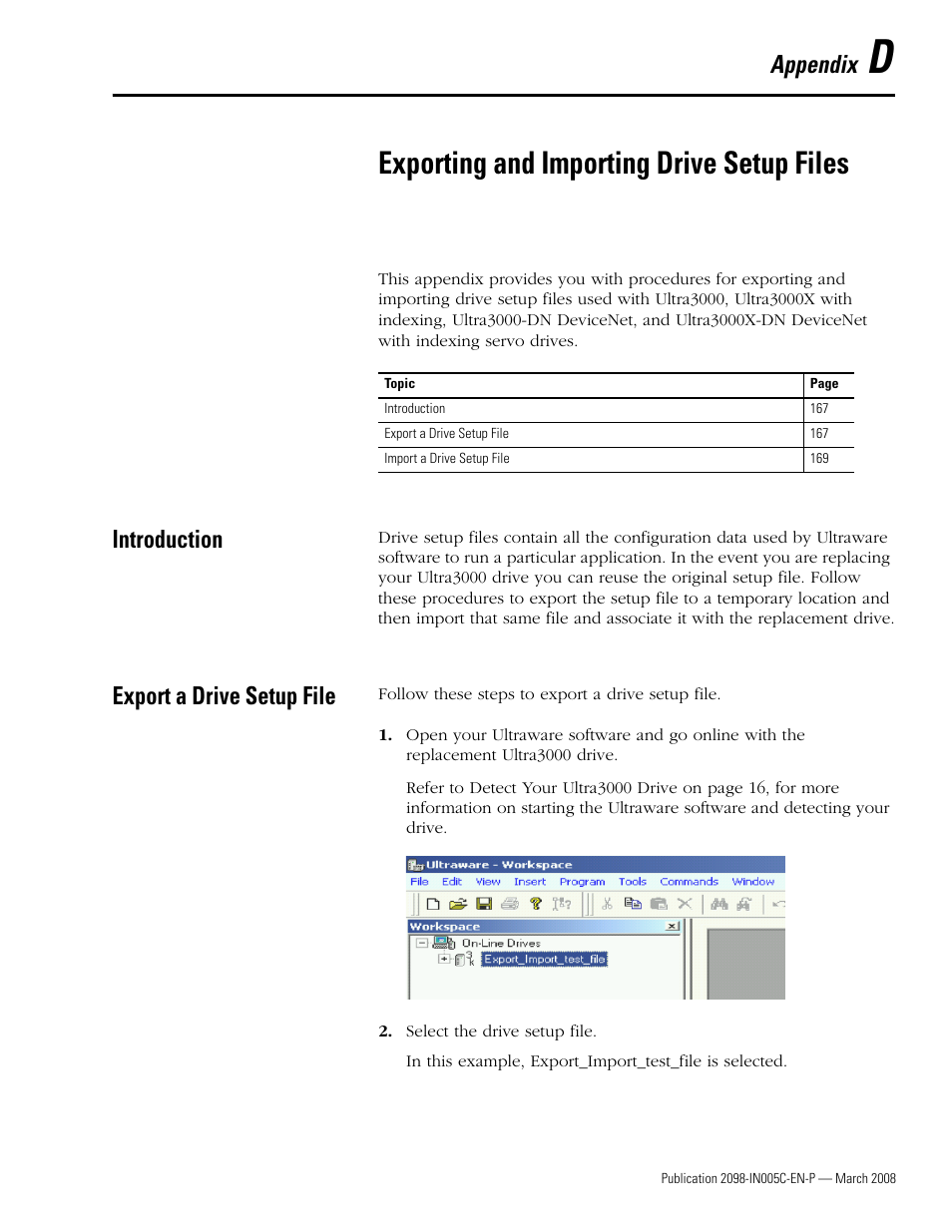 App d - exporting and importing drive setu p files, Introduction, Export a drive setup file | Appendix d, Exporting and importing drive setup files, Introduction export a drive setup file, Appendix | Rockwell Automation 2090 Ultra3000 Servo Drives Integration Manual User Manual | Page 167 / 180