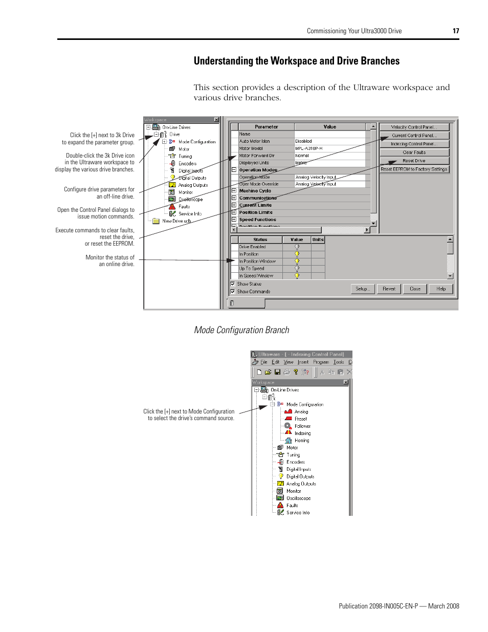 Understanding the workspace and drive branches, Mode configuration branch | Rockwell Automation 2090 Ultra3000 Servo Drives Integration Manual User Manual | Page 17 / 180