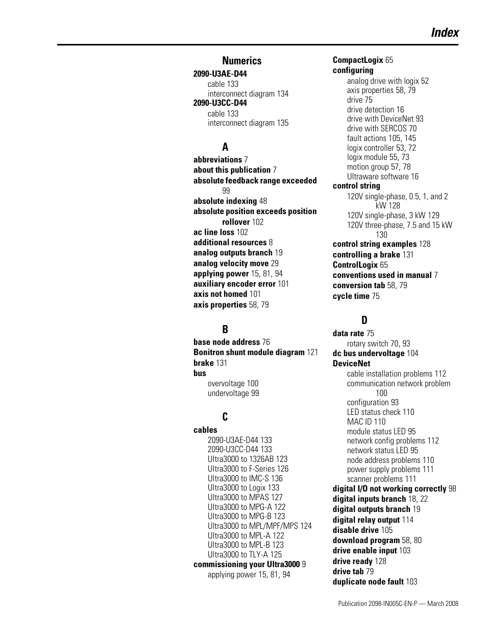 Index, Numerics | Rockwell Automation 2090 Ultra3000 Servo Drives Integration Manual User Manual | Page 173 / 180
