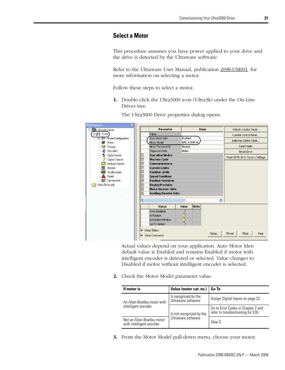 Select a motor | Rockwell Automation 2090 Ultra3000 Servo Drives Integration Manual User Manual | Page 21 / 180