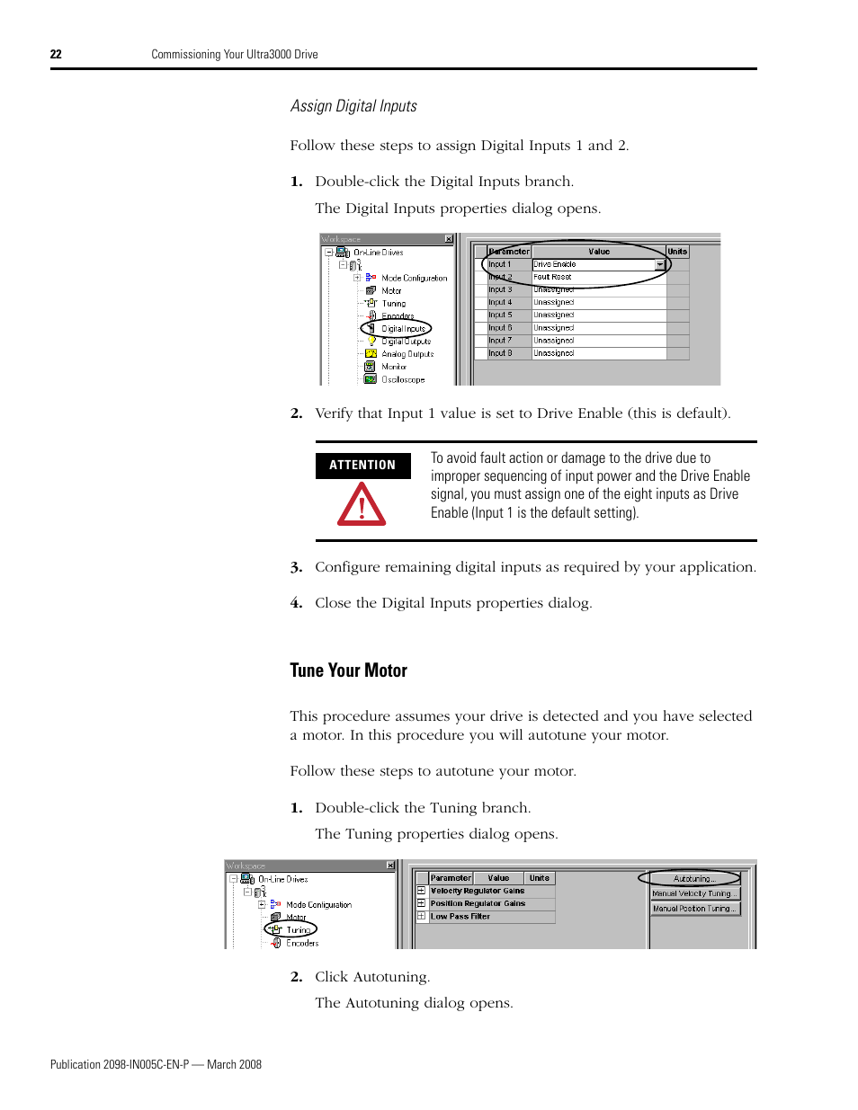 Tune your motor, Assign digital inputs o | Rockwell Automation 2090 Ultra3000 Servo Drives Integration Manual User Manual | Page 22 / 180