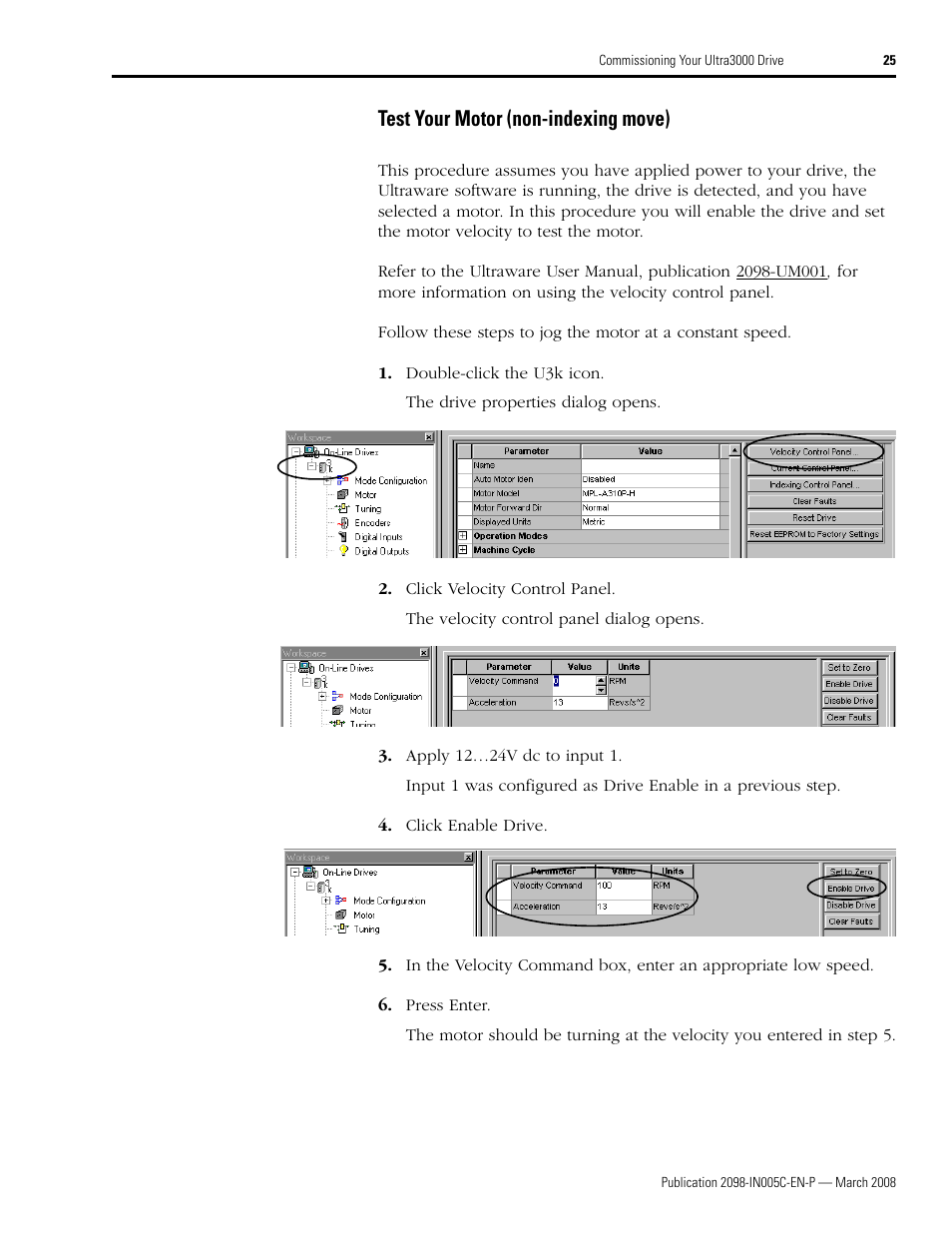 Test your motor (non-indexing move) | Rockwell Automation 2090 Ultra3000 Servo Drives Integration Manual User Manual | Page 25 / 180