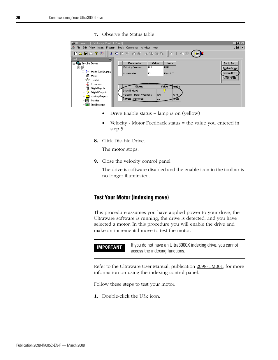 Test your motor (indexing move) | Rockwell Automation 2090 Ultra3000 Servo Drives Integration Manual User Manual | Page 26 / 180