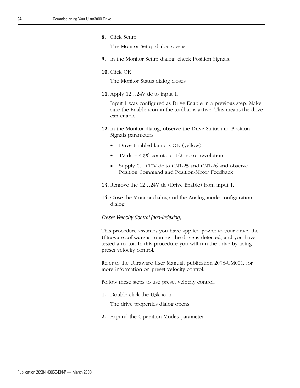 Preset velocity control (non-indexing) | Rockwell Automation 2090 Ultra3000 Servo Drives Integration Manual User Manual | Page 34 / 180