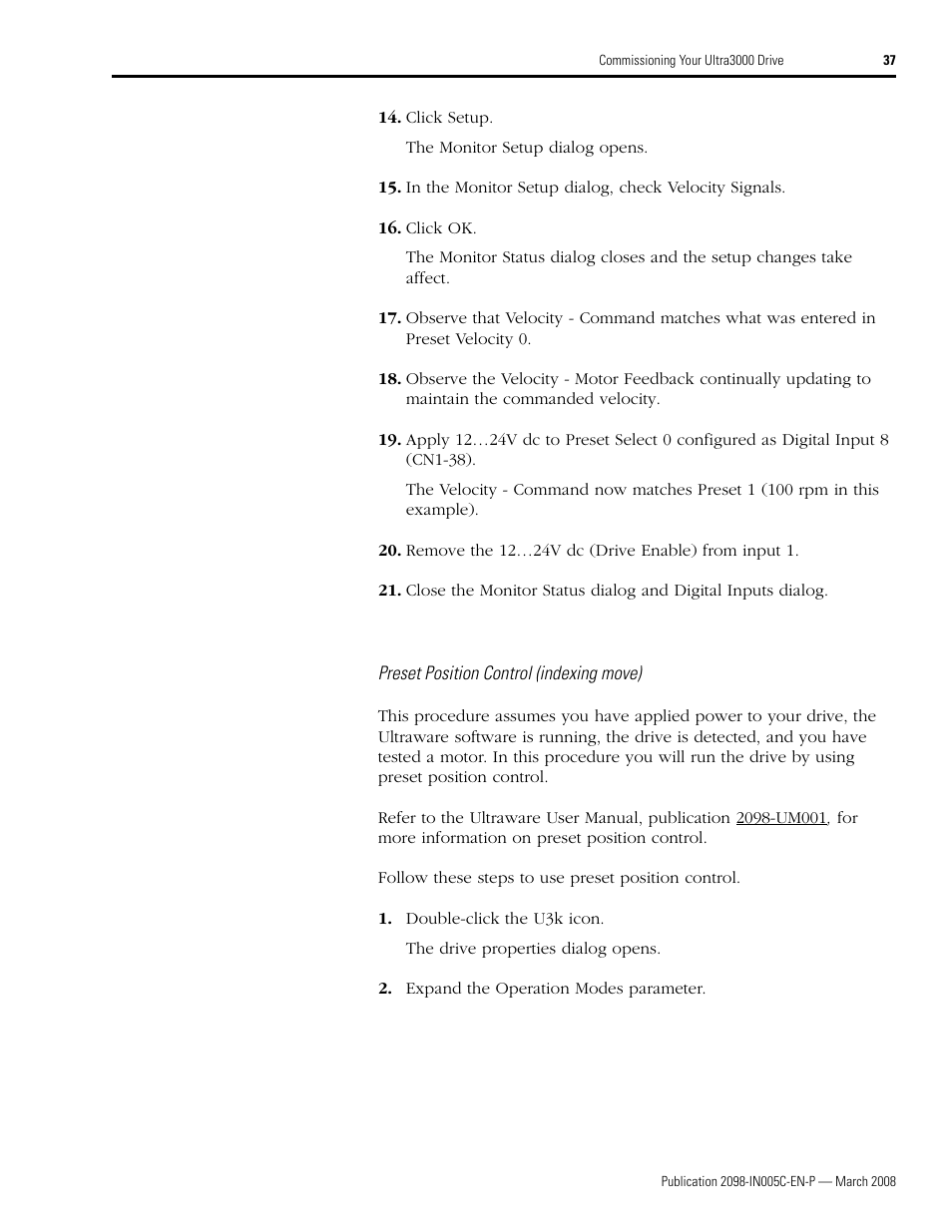 Preset position control (indexing move) | Rockwell Automation 2090 Ultra3000 Servo Drives Integration Manual User Manual | Page 37 / 180