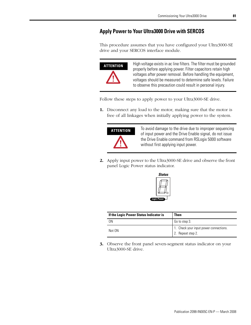 Apply power to your ultra3000 drive with sercos, Step 2 | Rockwell Automation 2090 Ultra3000 Servo Drives Integration Manual User Manual | Page 81 / 180