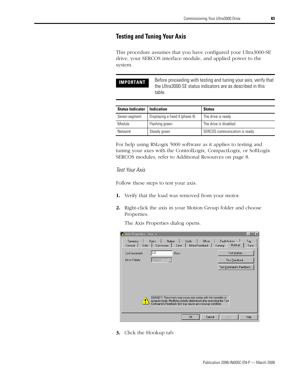 Testing and tuning your axis | Rockwell Automation 2090 Ultra3000 Servo Drives Integration Manual User Manual | Page 83 / 180