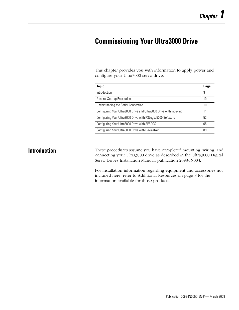Ch 1 - commissioning your ultra3000 drive, Introduction, Chapter 1 | Commissioning your ultra3000 drive, Chapter | Rockwell Automation 2090 Ultra3000 Servo Drives Integration Manual User Manual | Page 9 / 180