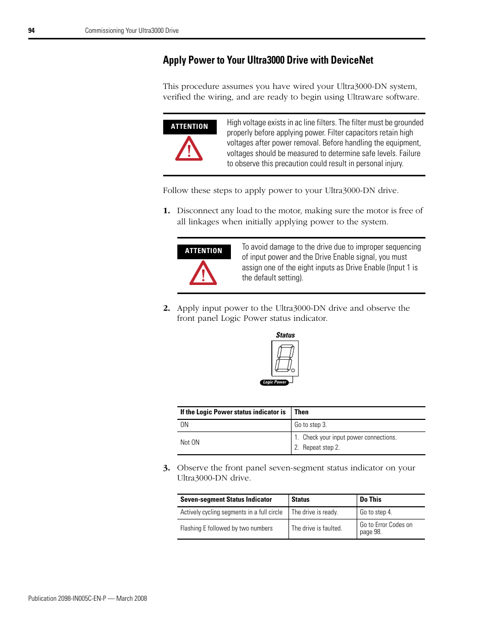 Apply power to your ultra3000 drive with devicenet | Rockwell Automation 2090 Ultra3000 Servo Drives Integration Manual User Manual | Page 94 / 180