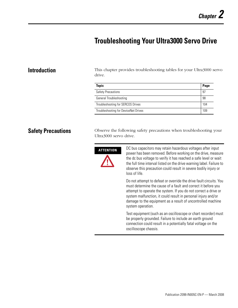 Ch 2 - troubleshooting your ultra3000 drive, Introduction, Safety precautions | Chapter 2, Troubleshooting your ultra3000 servo drive, Introduction safety precautions, S in chapter 2 an, Chapter | Rockwell Automation 2090 Ultra3000 Servo Drives Integration Manual User Manual | Page 97 / 180