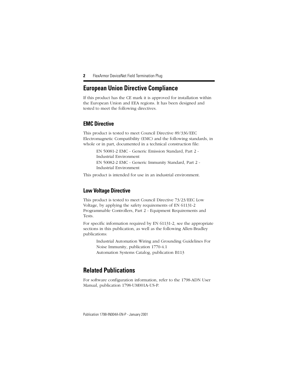 European union directive compliance, Related publications | Rockwell Automation 1798-DFTP2 FlexArmor DeviceNet Field Termination Plug User Manual | Page 2 / 8