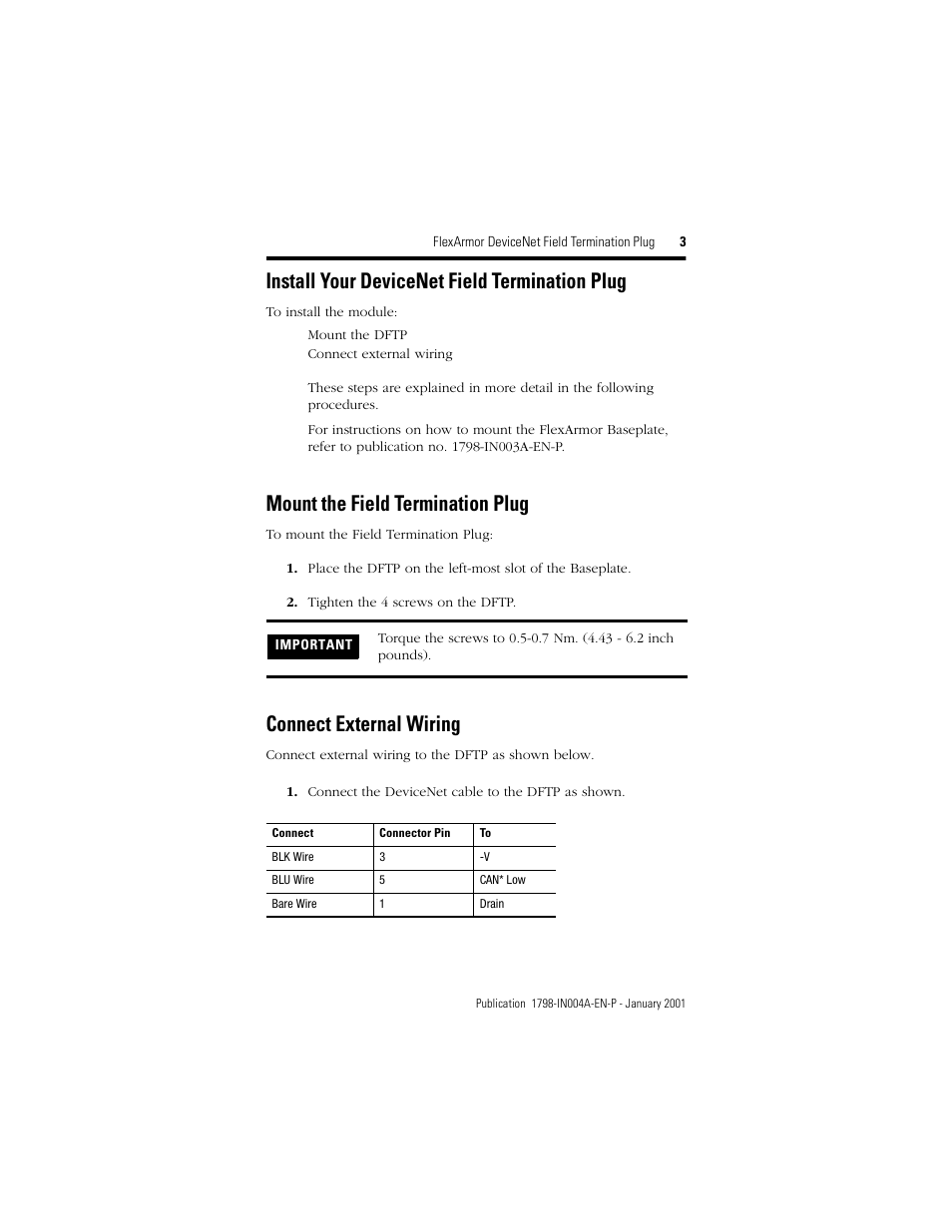 Install your devicenet field termination plug, Mount the field termination plug, Connect external wiring | Rockwell Automation 1798-DFTP2 FlexArmor DeviceNet Field Termination Plug User Manual | Page 3 / 8