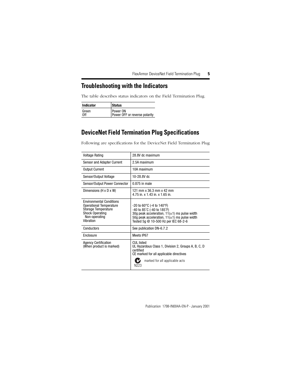 Troubleshooting with the indicators, Devicenet field termination plug specifications | Rockwell Automation 1798-DFTP2 FlexArmor DeviceNet Field Termination Plug User Manual | Page 5 / 8
