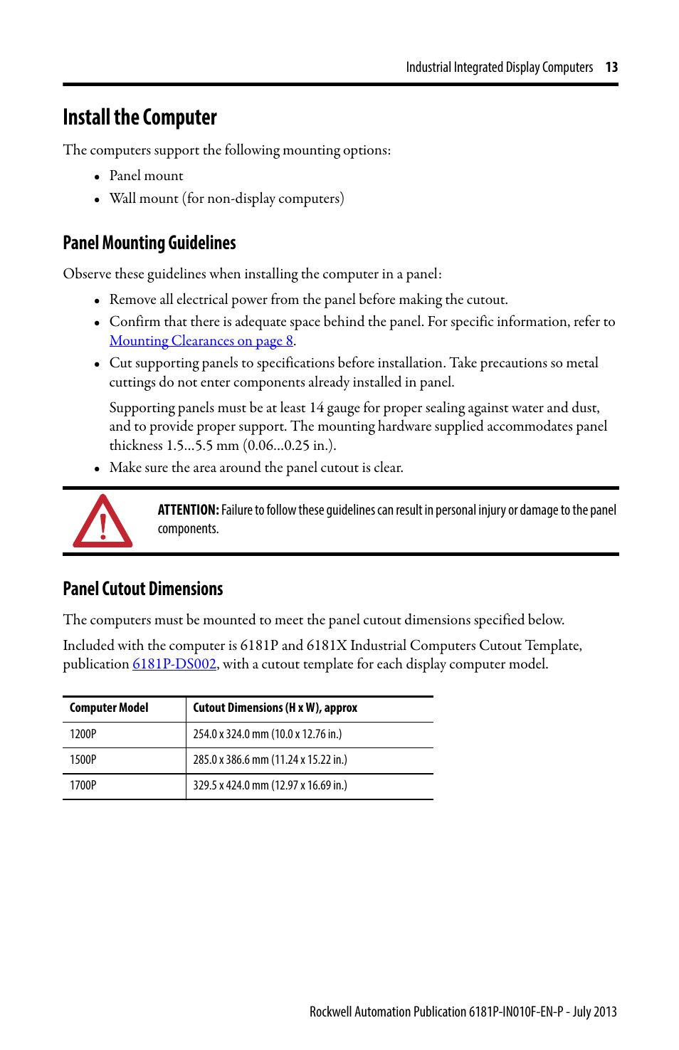 Install the computer, Panel mounting guidelines, Panel cutout dimensions | Rockwell Automation 6181F_P Series E Integrated Display Computers Installation Instructions User Manual | Page 13 / 24