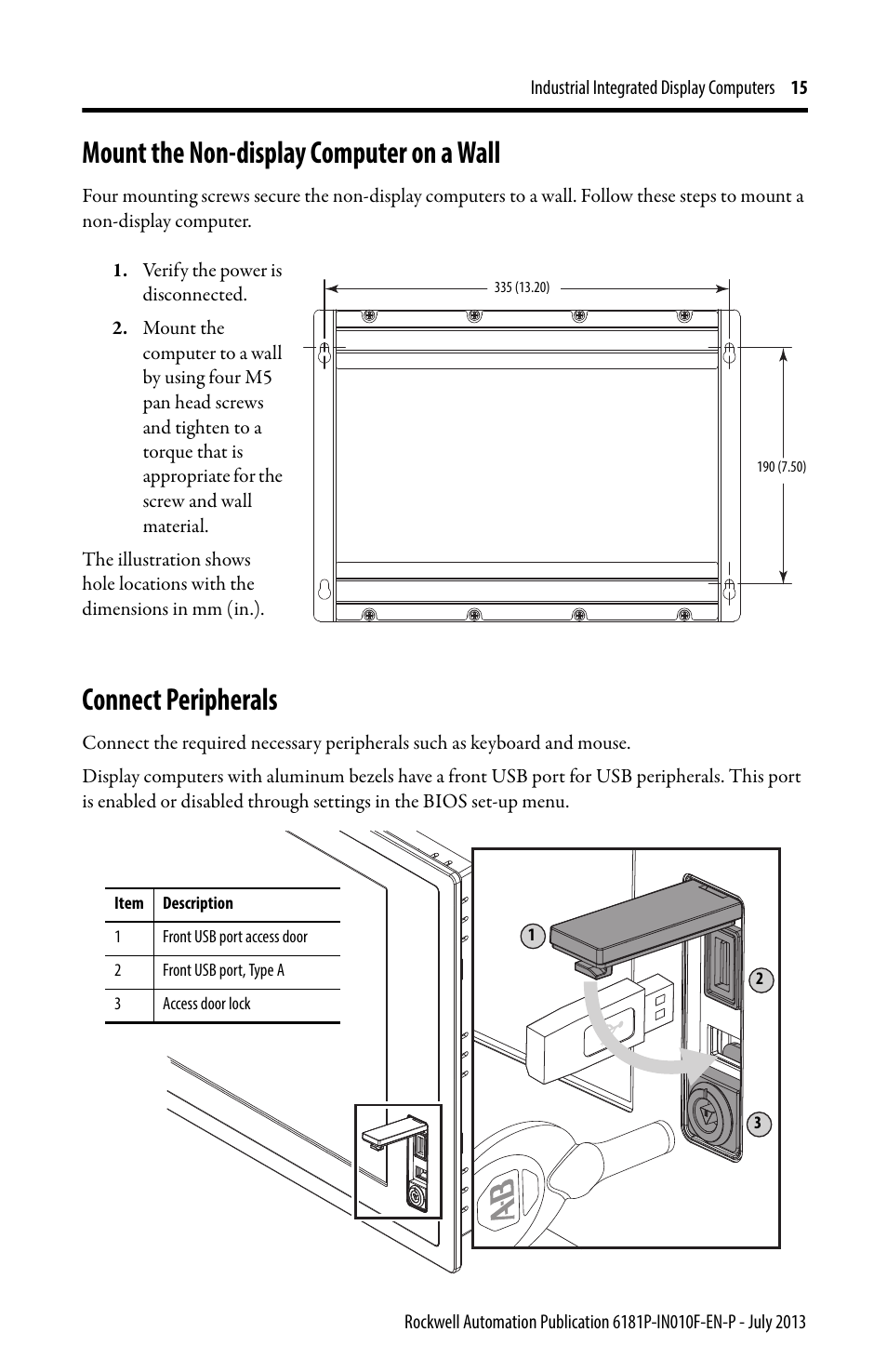 Mount the non-display computer on a wall, Connect peripherals | Rockwell Automation 6181F_P Series E Integrated Display Computers Installation Instructions User Manual | Page 15 / 24