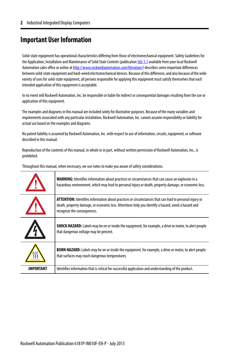 Important user information | Rockwell Automation 6181F_P Series E Integrated Display Computers Installation Instructions User Manual | Page 2 / 24