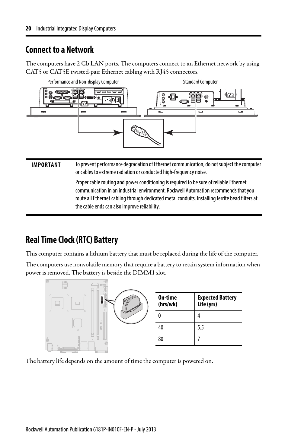 Connect to a network, Real time clock (rtc) battery | Rockwell Automation 6181F_P Series E Integrated Display Computers Installation Instructions User Manual | Page 20 / 24