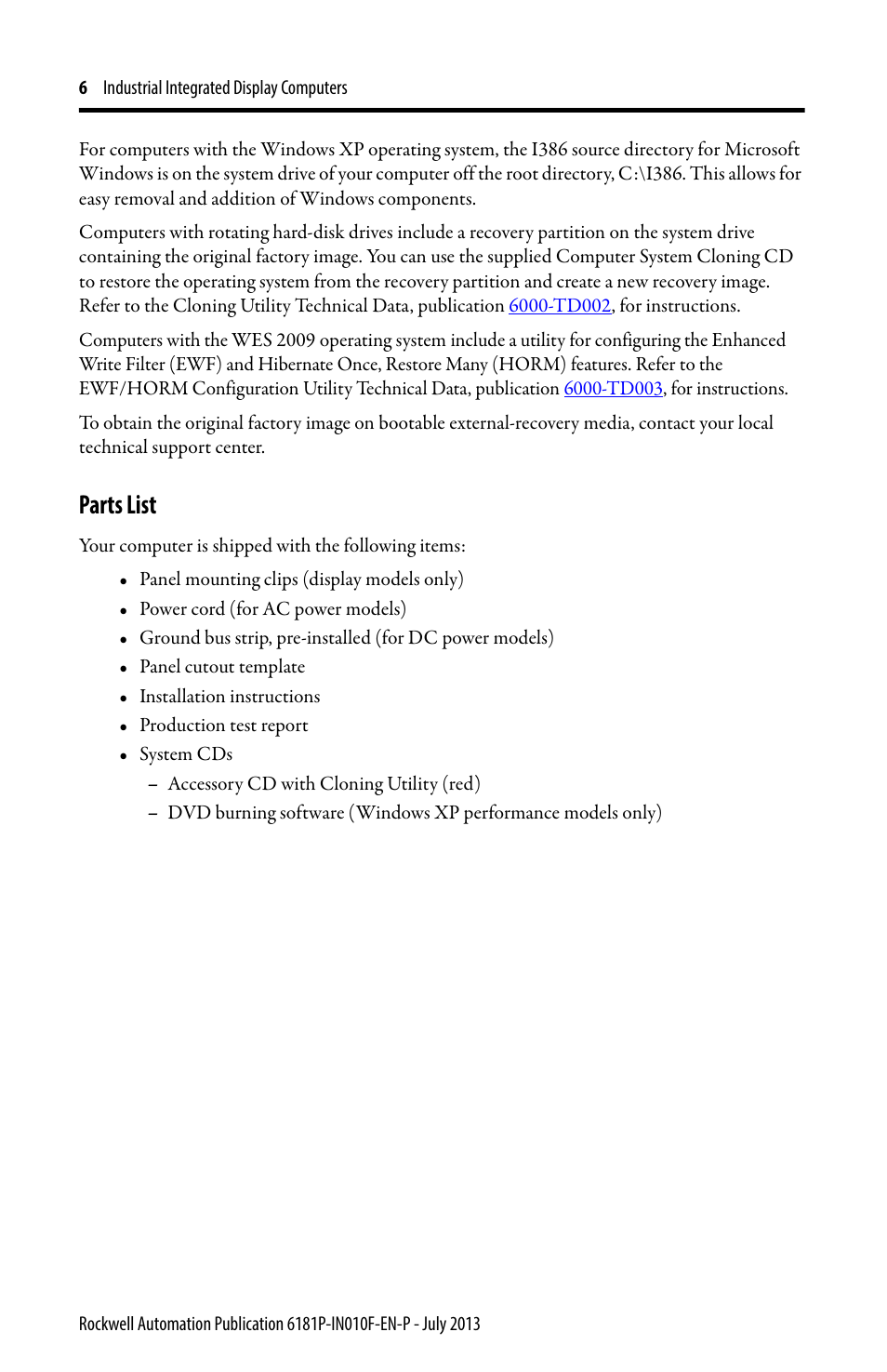Parts list | Rockwell Automation 6181F_P Series E Integrated Display Computers Installation Instructions User Manual | Page 6 / 24