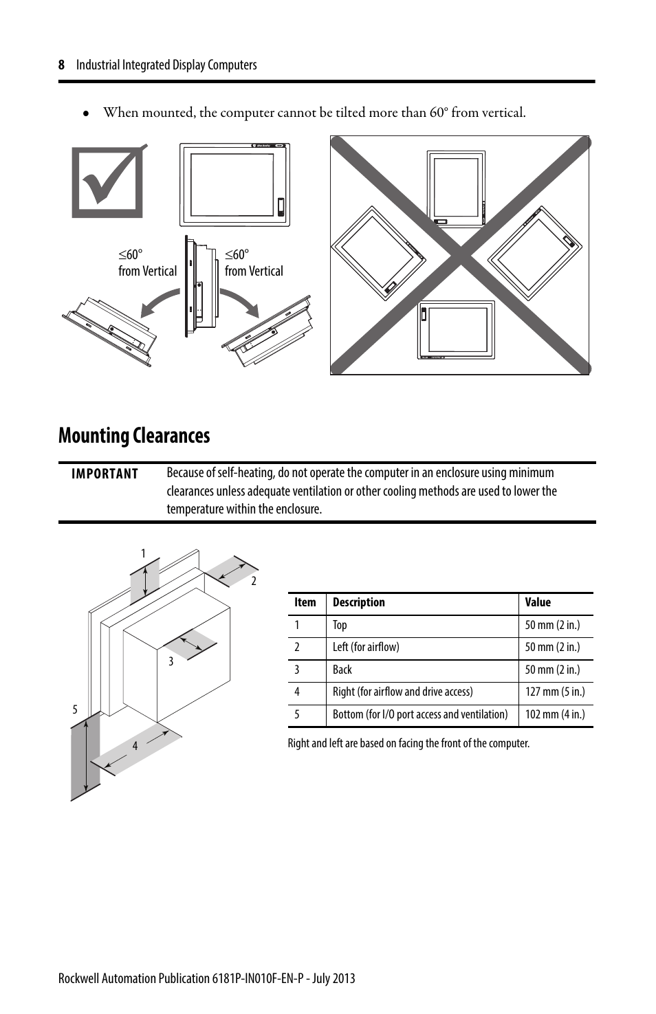 Mounting clearances | Rockwell Automation 6181F_P Series E Integrated Display Computers Installation Instructions User Manual | Page 8 / 24